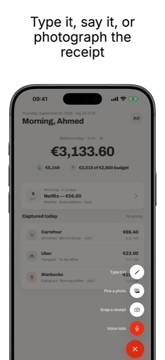 Fenn's capture sheet with options to type, snap a receipt, pick a photo, or record a voice note