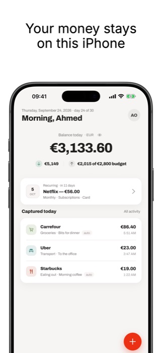 Fenn's home screen, showing today's balance and captured spending